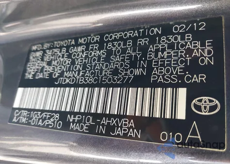 2012 Toyota Prius C Two from USA, damaged, VIN JTDKDTB38C1503277